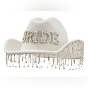 Women’s White Bride Pearl Fringe Crystal Embellished Western Cowboy Hat